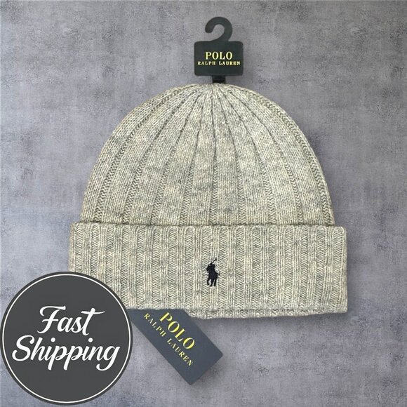 POLO RALPH LAUREN Beanie Hat Gray Wool blend Logo Pony NWT - Picture 1 of 2